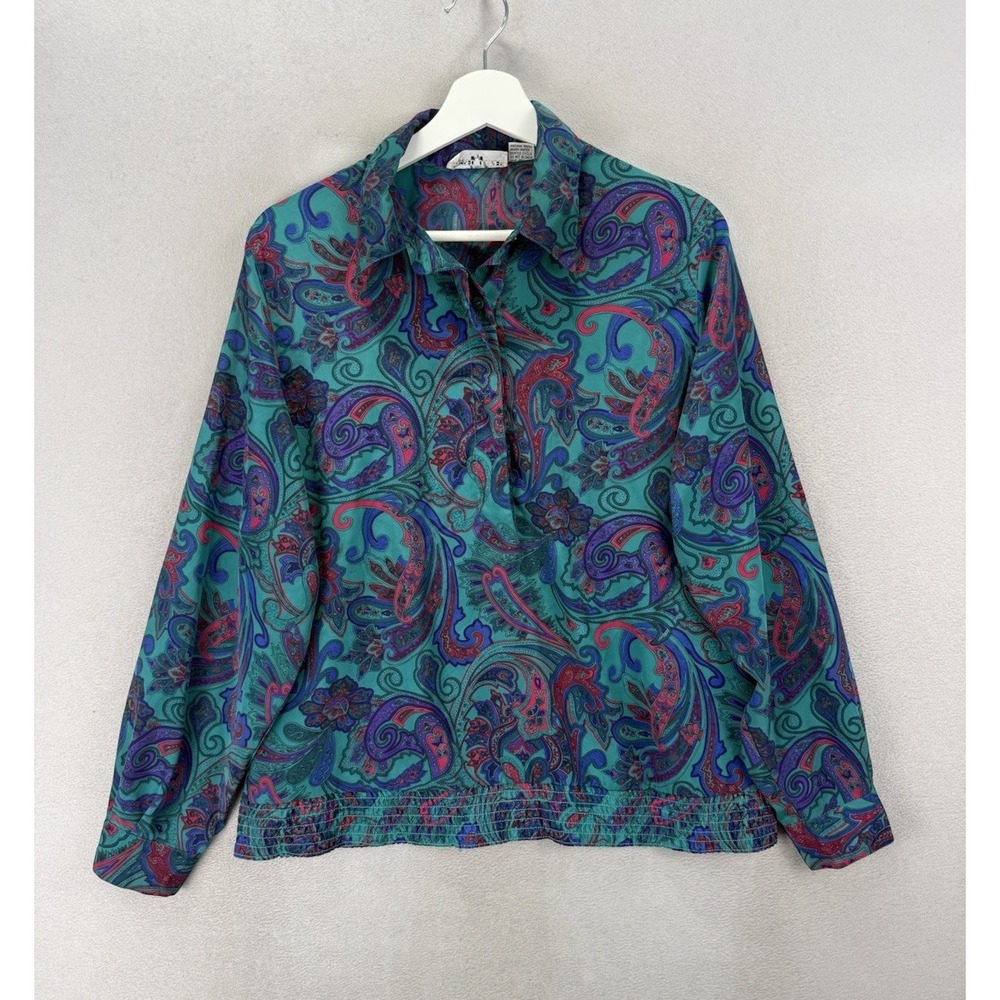 Vintage Alfred Dunner Paisley Blouse 16 (XL) Teal Purple Pink Elastic Waist Top